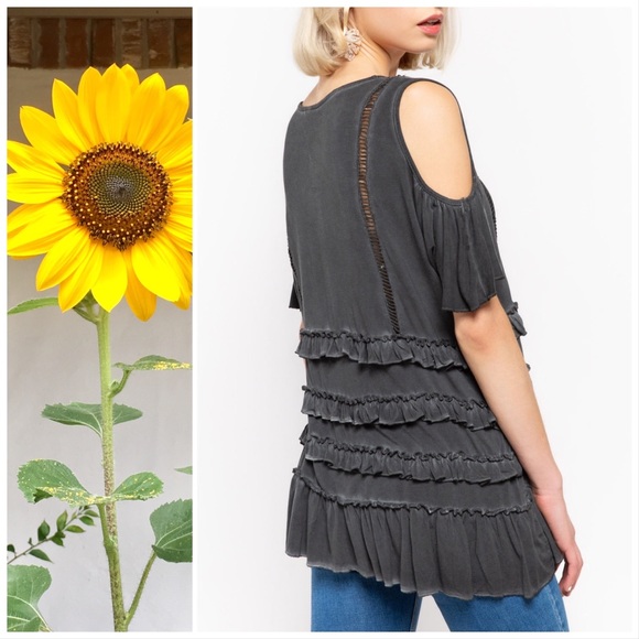 Charcoal Boho Burnout Cold Shoulder Ruffle Top - Picture 5 of 9